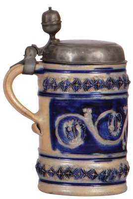 Stoneware stein, 9.1'' ht., early 1700s, WesterwŠlder Walzenkrug, applied relief, incised, blue saltglaze, pewter lid, small chip on bottom of handle, minor glaze flakes, hairline on bottom. - 3