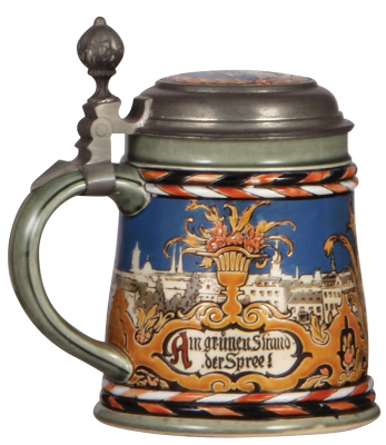 Mettlach stein, .5L, 2024, etched, Berlin, inlaid lid, very small factory flake under glaze on upper rim, mint. - 3