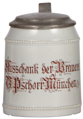 Mettlach stein, .5L, 284, print-over-glaze, Ausschank der Brauerei, G. Pschorr, München, pewter lid, repaired strap, two shallow chips on bottom.