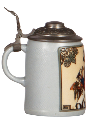 Mettlach stein, .25L, 3085, etched & tapestry, pewter lid, rare size, mint. - 3