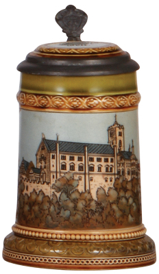 Mettlach stein, .3L, 2277, etched, Wartburg, inlaid lid, mint.