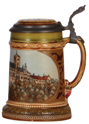 Mettlach stein, .3L, 2277, etched, Wartburg, inlaid lid, mint. - 2