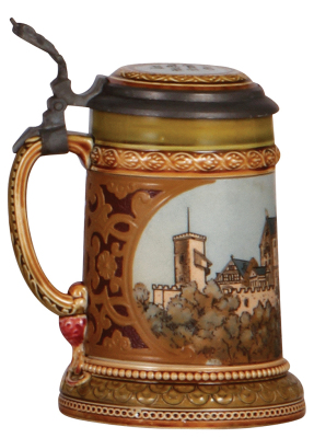 Mettlach stein, .3L, 2277, etched, Wartburg, inlaid lid, mint. - 3