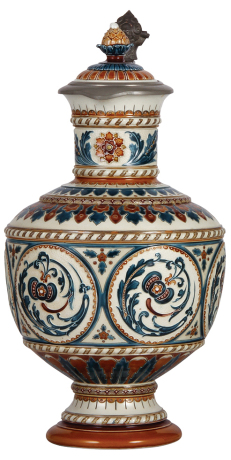 Mettlach stein, 4.0L, 16.5" ht., 1540, mosaic, inlaid lid, mint.