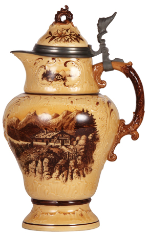 Mettlach stein, 3.2L, 14.4" ht., 225 [2183], PUG, inlaid lid, mint.