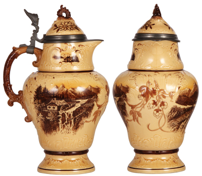 Mettlach stein, 3.2L, 14.4" ht., 225 [2183], PUG, inlaid lid, mint. - 2