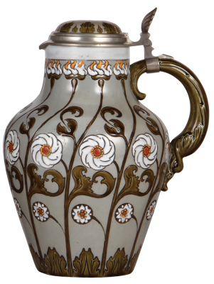 Mettlach stein, 4.4L, 12.3" ht., 2098, mosaic, inlaid lid, mint.