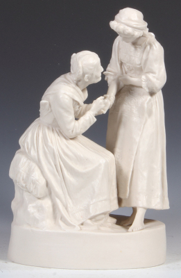 Mettlach figurine, 12.5" ht. x 8.1" w., parian, marked and dated on the base 1908, grandmother with younger woman, rare, mint.