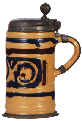 Stoneware stein, 8.6'' ht., late 1700s, Muskauer Walzenkrug, blue & purple saltglazes, pewter lid & footing, lid dated 1796, touch marks inside lid, small pewter repairs, body good condition. - 2