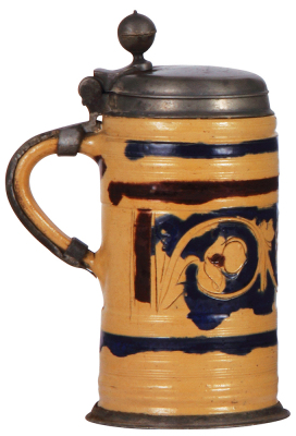 Stoneware stein, 8.6'' ht., late 1700s, Muskauer Walzenkrug, blue & purple saltglazes, pewter lid & footing, lid dated 1796, touch marks inside lid, small pewter repairs, body good condition. - 3