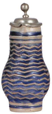 Stoneware stein, 8.4'' ht., late 1700s, WesterwŠlder Birnkrug, incised, blue saltglaze, pewter lid, excellent repair of a 2'' hairline on the side.