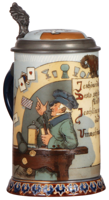 Mettlach stein, 1.0L, 2090, etched, inlaid lid, by H. Schlitt, mint.