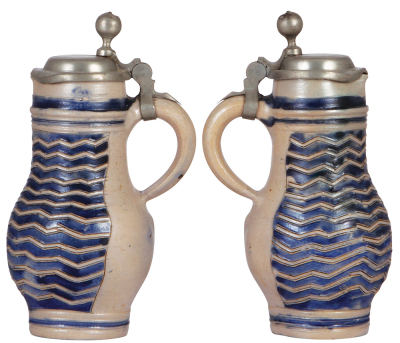 Stoneware stein, 8.4'' ht., late 1700s, WesterwŠlder Birnkrug, incised, blue saltglaze, pewter lid, excellent repair of a 2'' hairline on the side. - 2