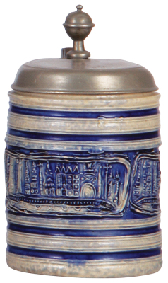 Stoneware stein, 7.2'' ht., early 1700s, WesterwŠlder Walzenkrug, applied relief, city view, blue saltglaze, pewter lid, lid is appropriate addition, dated 1781, body very good condition.