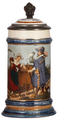 Mettlach stein, .5L, 2230, etched, by H. Schlitt, inlaid lid, handle breaks glued.