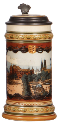 Mettlach stein, .5L, 1863, etched, Stuttgart, inlaid lid, mint.