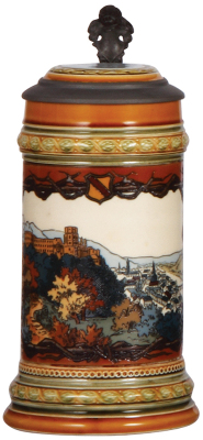 Mettlach stein, .5L, 1675, etched, Heidelberg, inlaid lid, mint.