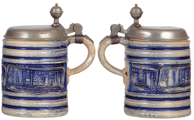 Stoneware stein, 7.2'' ht., early 1700s, WesterwŠlder Walzenkrug, applied relief, city view, blue saltglaze, pewter lid, lid is appropriate addition, dated 1781, body very good condition. - 2