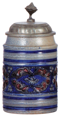 Stoneware stein, 7.4'' ht., early 1700s, WesterwŠlder Walzenkrug, applied relief, blue & purple saltglazes, pewter lid is an old replacement, body very good condition.