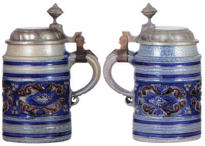 Stoneware stein, 7.4'' ht., early 1700s, WesterwŠlder Walzenkrug, applied relief, blue & purple saltglazes, pewter lid is an old replacement, body very good condition. - 2