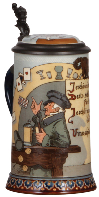 Mettlach stein, .5L, 2090, etched, inlaid lid, by H. Schlitt, mint.