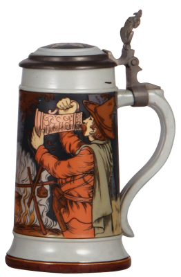 Mettlach stein, .5L, 2922, etched, inlaid lid, mint.