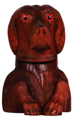 Black Forest wood carving, 9.4'' ht., walnut wood, carved in Switzerland, in the style of J. Huggler, unsigned, late 1800s, humidor ,dog, excellent quality, very good condition.