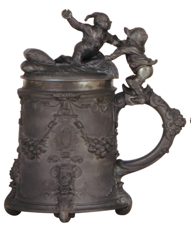 Pewter stein, .5L, relief, marked F. Barth München 1871, Deutscher Michael, pewter lid, mint.