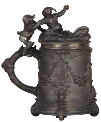 Pewter stein, .5L, relief, marked F. Barth München 1871, Deutscher Michael, pewter lid, mint. - 2