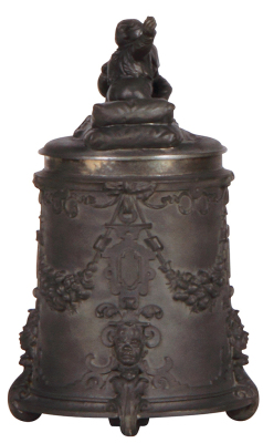 Pewter stein, .5L, relief, marked F. Barth München 1871, Deutscher Michael, pewter lid, mint. - 3