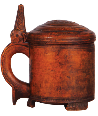 Wood tankard, 8.5'' ht., Norwegian, c.1830, carved lid, thumblift & feet, small chip on one foot, otherwise very good condition.
