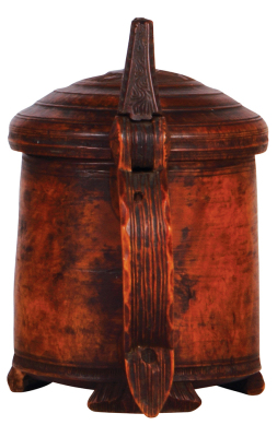 Wood tankard, 8.5'' ht., Norwegian, c.1830, carved lid, thumblift & feet, small chip on one foot, otherwise very good condition. - 2