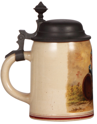 Pottery stein, .5L, transfer & hand-painted, marked Pauson München, Münchener Kindl, pewter lid, mint. - 3