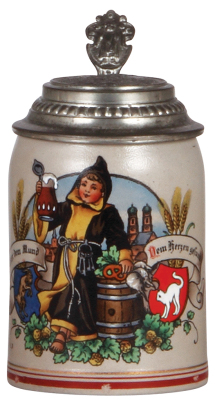 Stoneware stein, .5L, transfer & hand-painted, marked Pauson München, Münchener Kindl, relief pewter lid of München, also see lots 6483 & 6522, mint.
