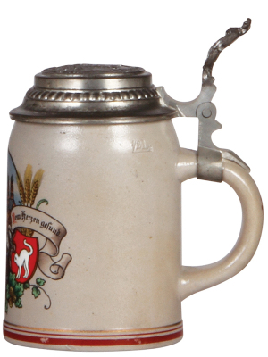 Stoneware stein, .5L, transfer & hand-painted, marked Pauson München, Münchener Kindl, relief pewter lid of München, also see lots 6483 & 6522, mint. - 2