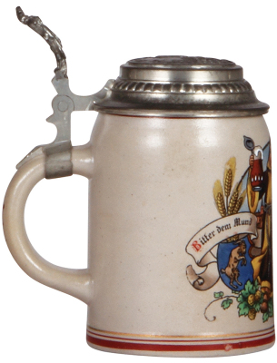 Stoneware stein, .5L, transfer & hand-painted, marked Pauson München, Münchener Kindl, relief pewter lid of München, also see lots 6483 & 6522, mint. - 3