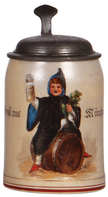 Stoneware stein, .5L, transfer & hand-painted, marked Pauson München, Münchener Kindl, pewter lid, mint.