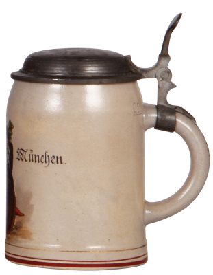 Stoneware stein, .5L, transfer & hand-painted, marked Pauson München, Münchener Kindl, pewter lid, mint. - 2