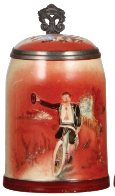 Pottery stein, .5L, by Diesinger, threading [low relief], bicycle rider, inlaid lid: Löwen-Bräu, very good condition.