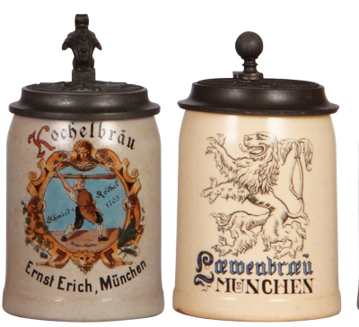 Two steins, .5L, stoneware, .5L, transfer, Kochelbräu, München, matching relief pewter lid: Kochelbräu, München,1" hairline; with, .5L, pottery, Löwenbräu, München, relief pewter lid: Aktienbrauerei zum Loewenbraeu, Muenchen, mint.