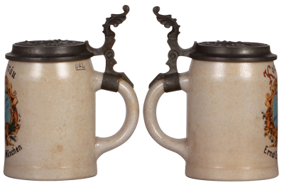 Two steins, .5L, stoneware, .5L, transfer, Kochelbräu, München, matching relief pewter lid: Kochelbräu, München,1" hairline; with, .5L, pottery, Löwenbräu, München, relief pewter lid: Aktienbrauerei zum Loewenbraeu, Muenchen, mint. - 2