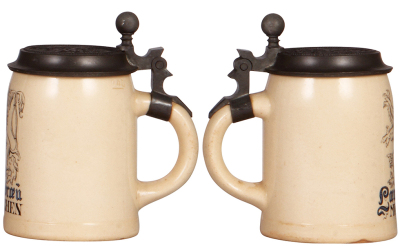 Two steins, .5L, stoneware, .5L, transfer, Kochelbräu, München, matching relief pewter lid: Kochelbräu, München,1" hairline; with, .5L, pottery, Löwenbräu, München, relief pewter lid: Aktienbrauerei zum Loewenbraeu, Muenchen, mint. - 4