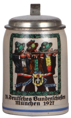 Stoneware stein, .5L, transfer & hand-painted, 18. deutsches Bundesschiessen, München 1927, pewter lid, mint.