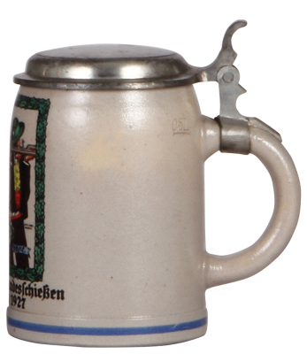 Stoneware stein, .5L, transfer & hand-painted, 18. deutsches Bundesschiessen, München 1927, pewter lid, mint. - 2