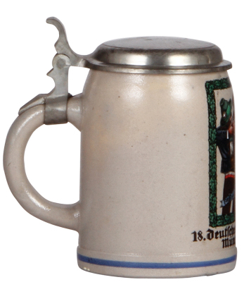 Stoneware stein, .5L, transfer & hand-painted, 18. deutsches Bundesschiessen, München 1927, pewter lid, mint. - 3