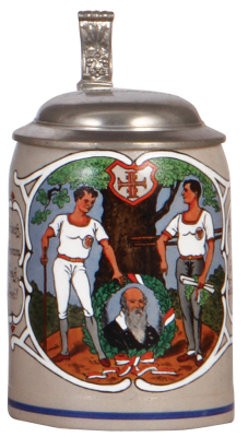 Stoneware stein, .5L, transfer & hand-painted, 4F, athletes & Father John, pewter lid, mint.