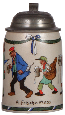Stoneware stein, .5L, transfer & hand-painted, A Frische Mass, signed A. Roessler, relief pewter lid: Kgl. Hofbräuhaus, München, mint.