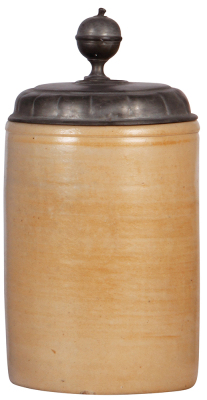 Stoneware stein, 10.2'' ht., late 1700s, SŠchsischer Walzenkrug, pewter lid, good pewter strap repair, hairline on side painted.