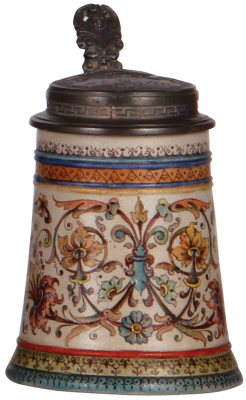 Stoneware stein, .5L, by Saeltzer, hand-painted, artist signature, dated 1858, relief pewter lid dated 1884, pewter strap repaired, otherwsie mint.