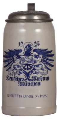 Stoneware stein, 1.0L, marked Keramische Werkstätten Herrsching, Deutsches Museum München, Eröffnung, 7. Mai, 1925, pewter lid: Münchener Brauereien, mint.